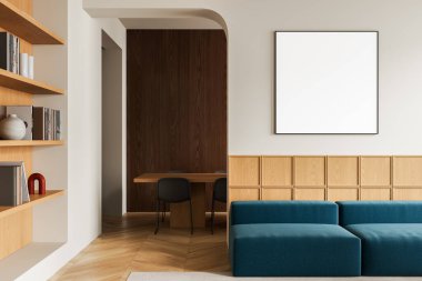 Deniz mavisi kanepesi, ahşap mobilya ve raflar, duvarda boş poster modeli, minimalist tasarım konsepti, 3 boyutlu tasarım