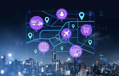 Dijital harita arayüzü üzerinde dijital takip ve ulaşım akışını temsil eden lojistik ve tedarik zinciri yönetim simgeleri