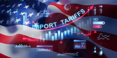 ABD bayrak arka planı ithalat tarifeleri metin ve holografik finansal grafikler, grafikler ve ekonomik ticaret politikası görsel konsepti ile. 3B Hazırlama