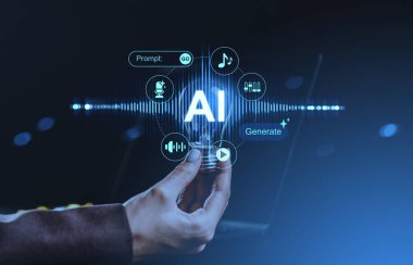 Parlak yapay zeka metni, müzik ve ses simgelerine sahip el ele tutuşan ampul, koyu mavi arka planda fütürist teknoloji tarzı, yapay zeka destekli müzik oluşturma kavramı