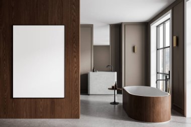 Çağdaş banyo içinde ahşap duvar bölmesinde beyaz bir poster, minimalist dekor ve zarif eşyalar var. 3B Hazırlama