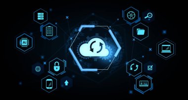 Karanlık teknoloji arka planında parlayan dijital simgelerle, fütürist grafik tarzıyla bulut senkronizasyonu ve veri yönetimi kavramı. 3B Hazırlama