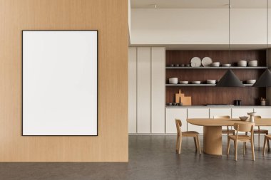 Modern mutfak içinde ahşap duvar bölümünün boş poster modeli, yemek mobilyaları ve arka planda açık raflar olan minimalist tasarım. 3B Hazırlama