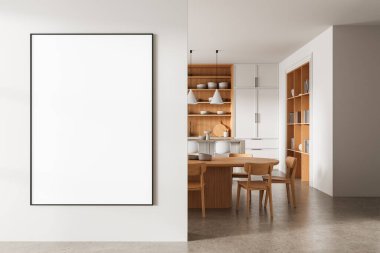 Ahşap yemek mobilyaları, temiz mutfak düzeni ve beyaz duvar arkaplanı olan modern bir iç mekanda boş dikey poster modeli. Tasarım kavramı. 3B Hazırlama