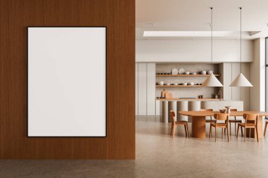Minimalist mutfak ve yemek alanı ahşap mobilyalar, ahşap bölme duvarında boş beyaz poster, nötr tonlar, modern iç mimari konsepti, 3D canlandırma