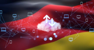 Bulut hesaplama kavramı, merkezde bulut ve veri okları ile gösterilir, dijital ağ grafik tarzı, Alman bayrağı arka planı, bağlantı kavramı. 3B Hazırlama