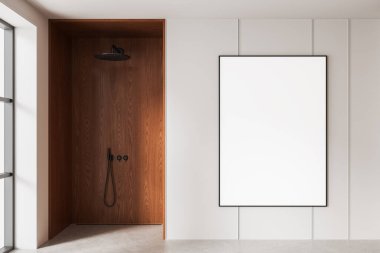 Çağdaş banyo içi. Beyaz bir duvarda boş beyaz bir poster var. Duş bölmesinin yanında, minimalist ve temiz bir 3 boyutlu.