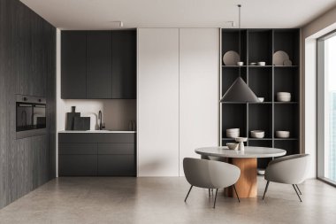 Modern mutfak ve yemek alanı tasarımı, minimalist mobilyalar, yuvarlak masa, açık raf ve nötr renk paleti. 3B Hazırlama