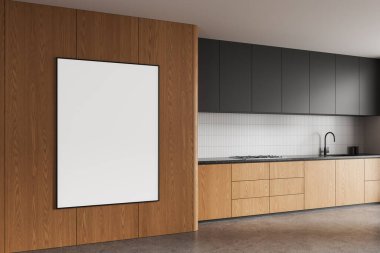 Çağdaş mutfak içi, ahşap duvar bölmesinde beyaz boş poster modern minimalist arka plan, model şablon konsepti. 3B Hazırlama