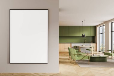 Modern iç mekanın beyaz bölme duvarında boş poster modeli, arka planda yeşil mutfak ve koltuklar, şık reklam şablonu konsepti. 3B Hazırlama