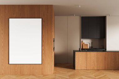Modern mutfak içinde, temiz çizgiler, doğal dokular ve parlak ışıklandırmayla ahşap duvarda boş bir poster modeli. 3B Hazırlama