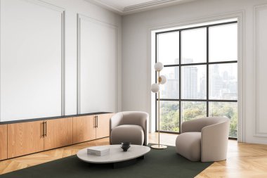 Çağdaş oturma odası, bej koltuklar, minimalist mobilyalar, modern tarz, büyük şehir penceresi, ahşap döşeme. 3B Hazırlama