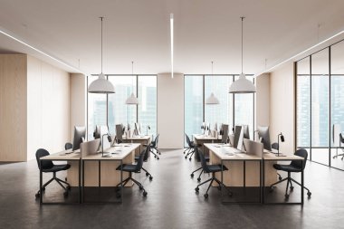 Sıralı masalar ve minimalist tarzda sandalyeler, geniş pencereler ve tarafsız bir arkaplanda ahşap aksanlı modern ofis içi. 3B Hazırlama