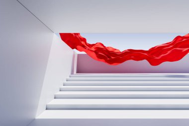 Akan kırmızı kumaş, minimum geometrik alanda temiz beyaz merdivenlerin üzerinde asılı, hafif ışıklandırma, yükselmeyi ve özgürlüğü sembolize ediyor. 3B Hazırlama