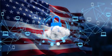 Siber güvenlik kavramı, ABD bayraklarında asma kilit bulunan bir bulut gösteriyor. Teknolojik ikonlar ve dijital bağlantılardan oluşan holografik bir ağ içeriyor. 3B Hazırlama