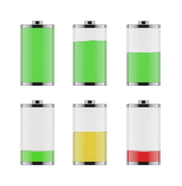 An illustration of the six batteries with different level of charge from low to full. On white background.