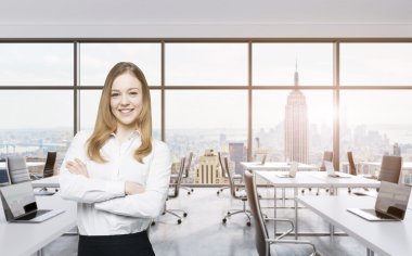 Smiling beautiful business lady with cross hands is standing in a modern panoramic office in New York City. Manhattan sunset view. Toned image. clipart