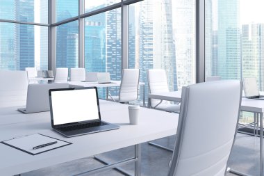 Workplaces in a modern corner panoramic office with panoramic view of Singapore. White tables and white chairs. A laptop with a white screen, notepad and a coffee cup. 3D rendering.
