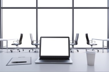Front view of the workplace in a modern panoramic office with copy space in the windows. White tables and black chairs. A laptop with a white display, notepad and a coffee cup. 3D rendering.