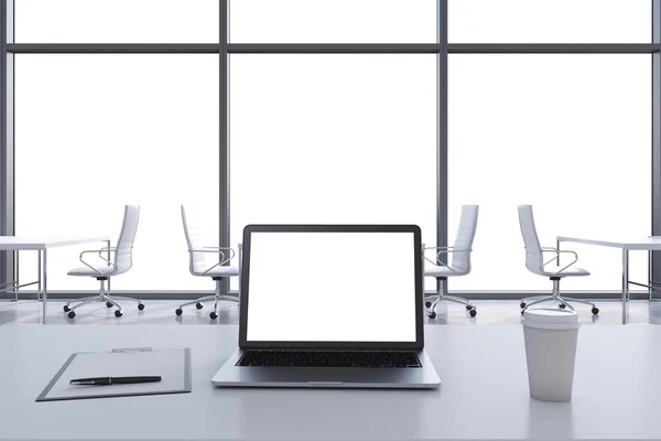 Front view of the workplace in a modern panoramic office with copy space in the windows. White tables and white chairs. A laptop with a white display, notepad and a coffee cup. 3D rendering. — Zdjęcie stockowe