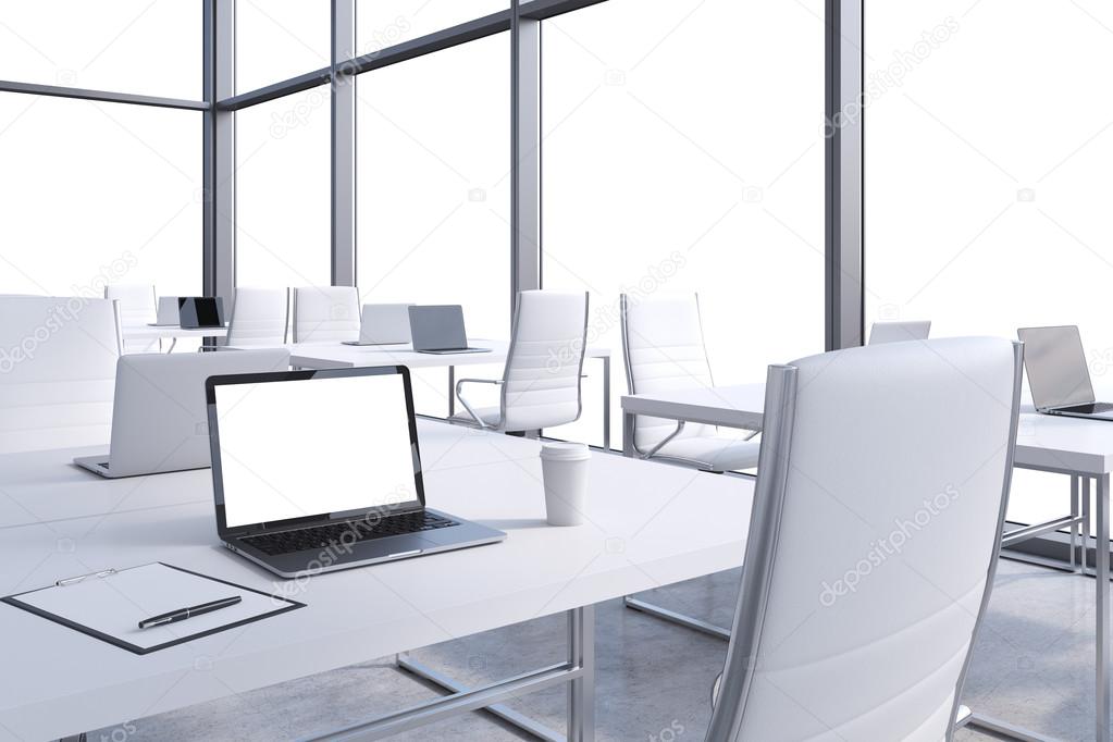 Workplaces in a modern corner panoramic office, copy space in the windows. Open space. White tables and white chairs. A laptop with a white display, notepad and a coffee cup. 3D rendering.