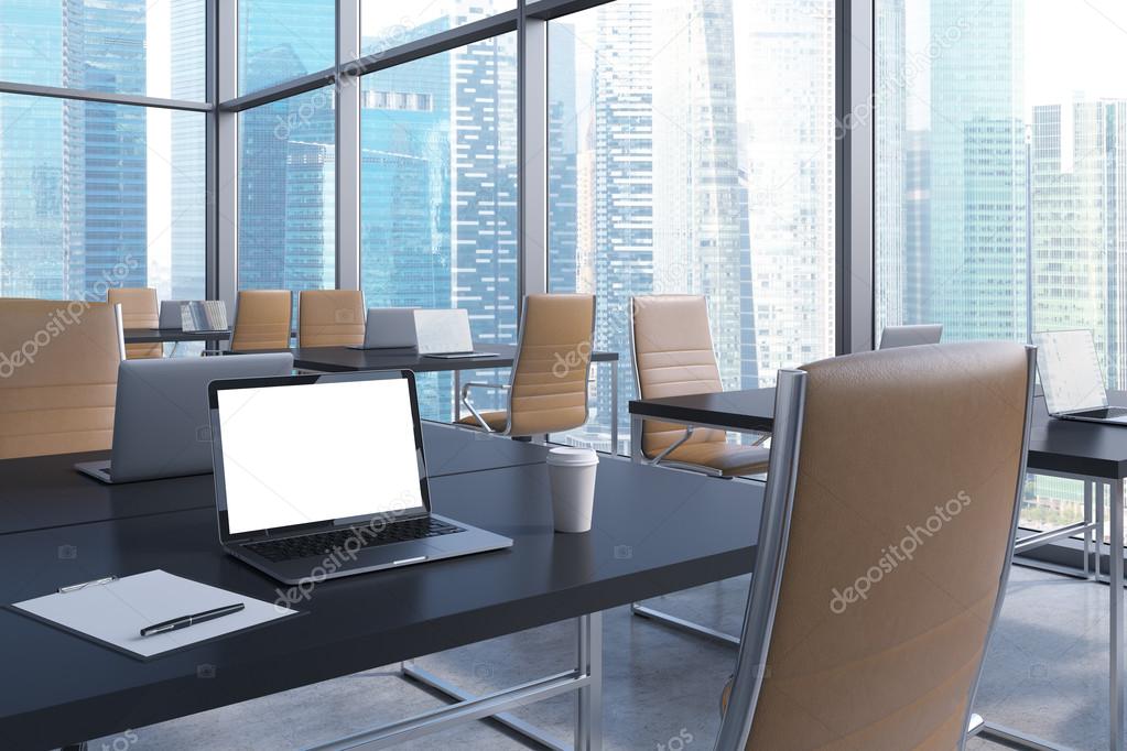 Workplaces in a modern corner panoramic office with panoramic view of Singapore. Black tables and brown chairs. A laptop with a white screen, notepad and a coffee cup. 3D rendering.
