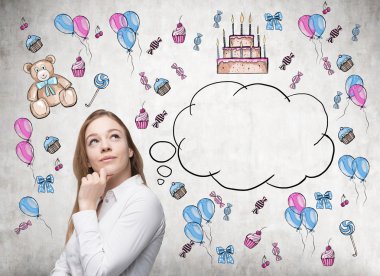 Astonishing lady is dreaming about her birthday. Birthday icons and an empty thoughts bubble are drawn on the concrete wall.