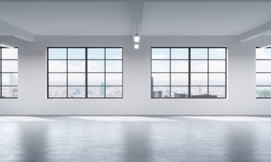 Modern bright clean interior of a loft style open space. Huge windows and white walls. New York panoramic city view. 3D rendering.
