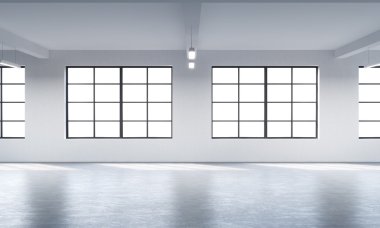 Modern bright clean interior of a loft style open space. Huge windows and white walls. Copy space the panoramic windows. 3D rendering.