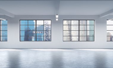 Modern bright clean interior of a loft style open space. Huge windows and white walls. Singapore panoramic city view. 3D rendering.