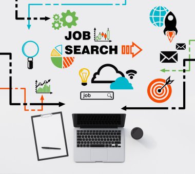 A top view of a table with a laptop, a writing pad and a cup of coffee. A colourful flowchart of recruitment process is drawn on the white table. A job searching process. 3D rendering.