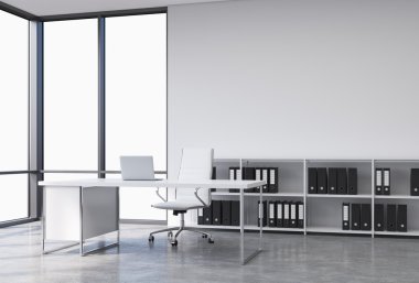A workplace in a modern corner panoramic office with copy space in the windows. A white desk with a laptop, white leather chair and a bookshelf with black document folders. 3D rendering.
