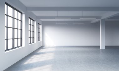 Modern bright clean interior of a loft style open space. Huge windows and white walls. Copy space the panoramic windows. 3D rendering.