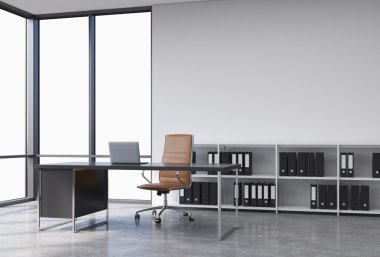 A workplace in a modern corner panoramic office with copy space in the windows. A black desk with a laptop, brown leather chair and a bookshelf with black document folders. 3D rendering.