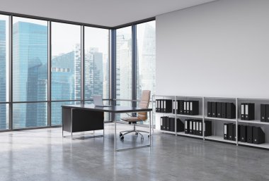 A CEO workplace in a modern corner panoramic office with Singapore city view. A black desk with a laptop, brown leather chair and a bookshelf with black document folders. 3D rendering.
