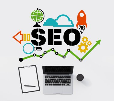 A top view of a table with a laptop, a writing pad and a cup of coffee. A colourful SEO flowchart is drawn on the white table. 3D rendering.