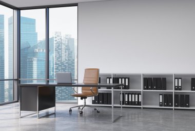 A CEO workplace in a modern corner panoramic office with Singapore city view. A black desk with a laptop, brown leather chair and a bookshelf with black document folders. 3D rendering.