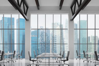 Modern workplaces in a modern bright clean interior of a loft style office. Huge windows with Singapore panoramic view. White desks equipped with laptops, black leather chairs. 3D rendering.