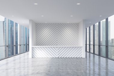 A reception area in a modern bright clean office interior. Huge panoramic windows with Singapore city view. A concept of boutique consulting services. 3D rendering.