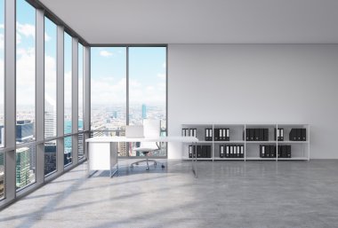 A CEO workplace in a modern corner panoramic office in New York city. A white desk with a laptop, white leather chair and a bookshelf with black document folders. 3D rendering.