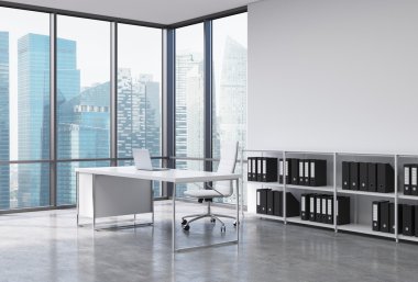 A CEO workplace in a modern corner panoramic office with Singapore city view. A white desk with a laptop, white leather chair and a bookshelf with black document folders. 3D rendering.