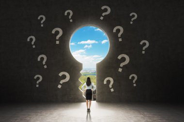 A keyhole in the concrete wall. A business lady dressed in formal suit is looking at New York City in the hole. There are drawn question marks around the hole.