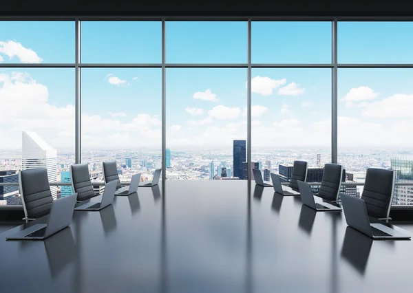 A conference room equipped by modern laptops in a modern panoramic office in New York. Black leather chairs. 3D rendering. — Stock Photo, Image