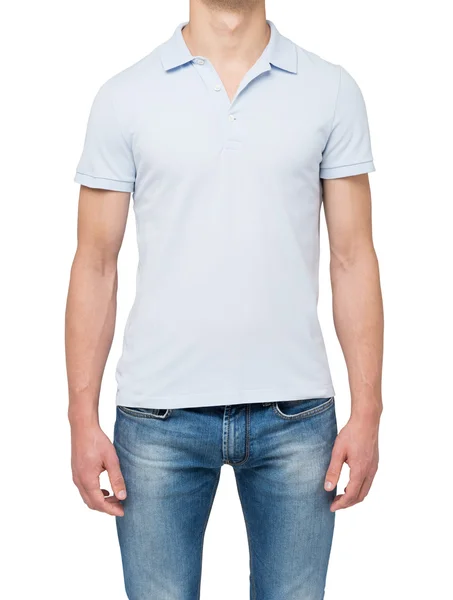 Front view of a man in a light blue polo shirt and denims. isolated on white background. — Stock Photo, Image