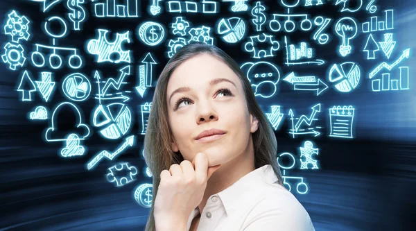 Dreaming business lady is thinking how to launch a new business project. Hologram blue business icons are on the background. — Stock Photo, Image