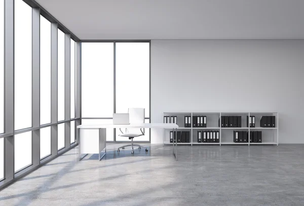 A workplace in a modern corner panoramic office with copy space in the windows. A white desk with a laptop, white leather chair and a bookshelf with black document folders. 3D rendering. — Stok fotoğraf