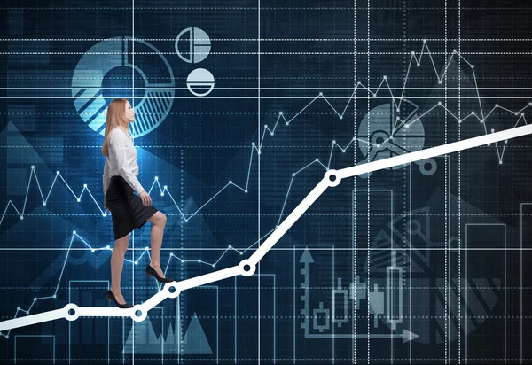 A business lady is going up the graph as a concept of corporate ladder. Financial charts are drawn on the wall. — Stockfoto