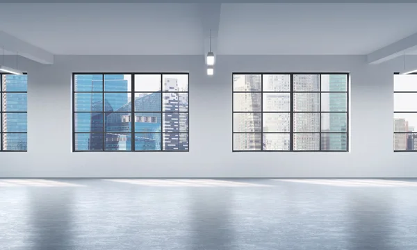 Modernes, helles, sauberes Interieur eines offenen Raums im Loftstil. riesige Fenster und weiße Wände. singapore panoramische Stadtansicht. 3D-Darstellung. — Stockfoto