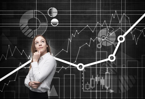 Beautiful young professional with the hand which holds her chin is thinking about future opportunities of the project. Financial analytic charts are drawn on the background. — Stock Photo, Image