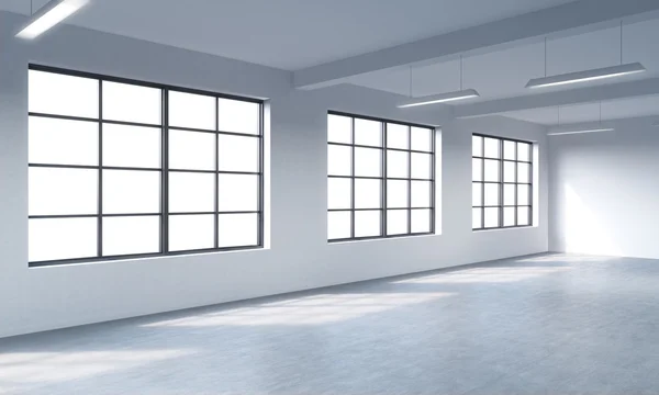 Modern bright clean interior of a loft style open space. Huge windows and white walls. Copy space the panoramic windows. 3D rendering. — ストック写真